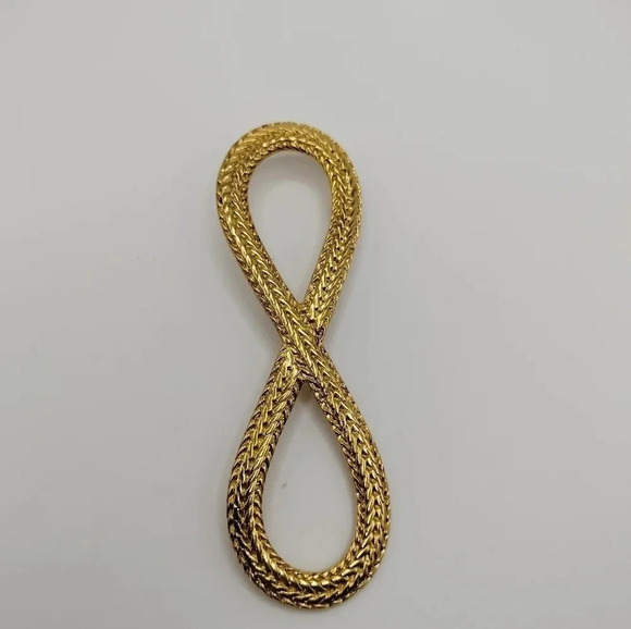 Monet Jewelry - INFINITY Symbol Figure 8 Brooch Vintage Pin Textured Gold tone 3.5" Signed MONET